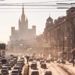 Moscow cityscape during rush hour.