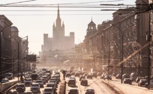 Moscow cityscape during rush hour.